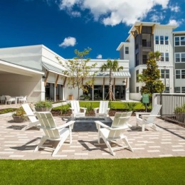 State of the art amenities Exterior view of Rosalia Winter Park apartments in Winter Park, FL, featuring a modern facade and blue sky.
